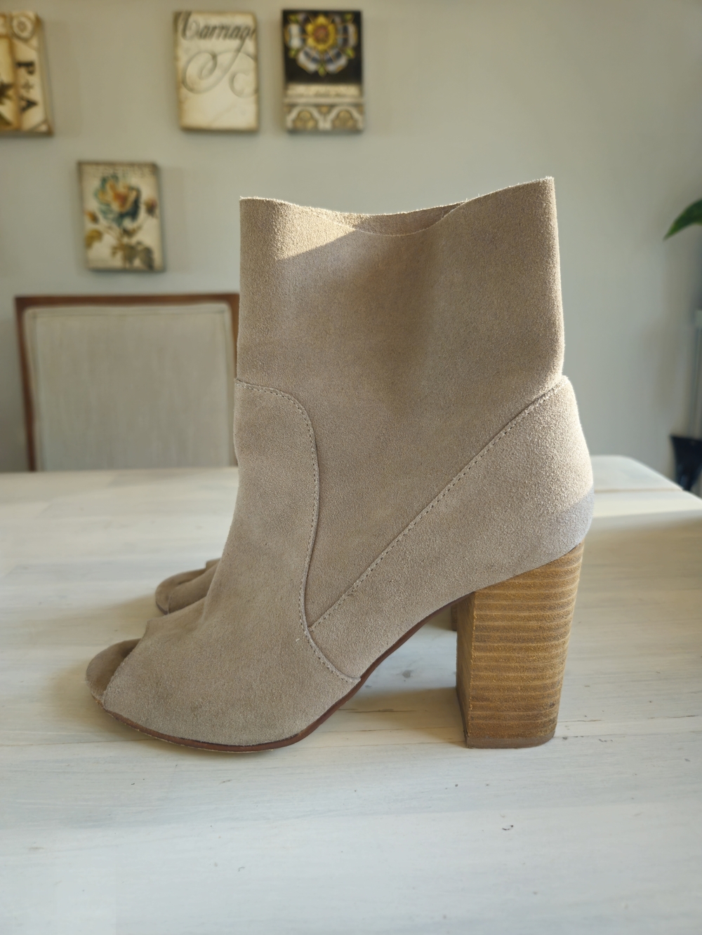 Beige Suede Peep-Toe Block Heel Ankle Boots - Women - Picture 2 of 4
